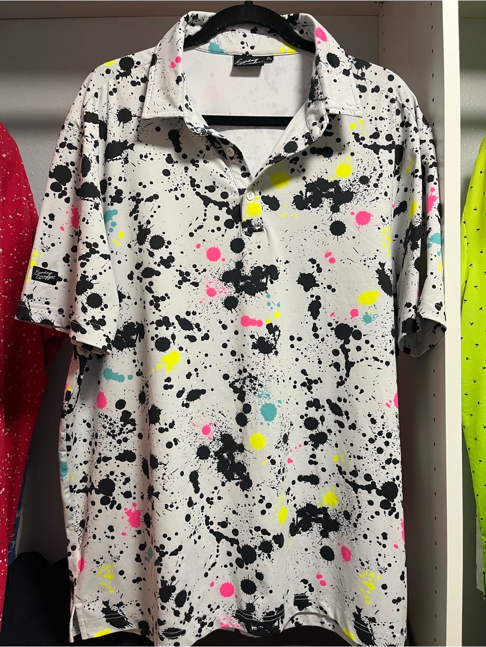 Sunday Swagger White Paint-Splash Polo with Neon Accents